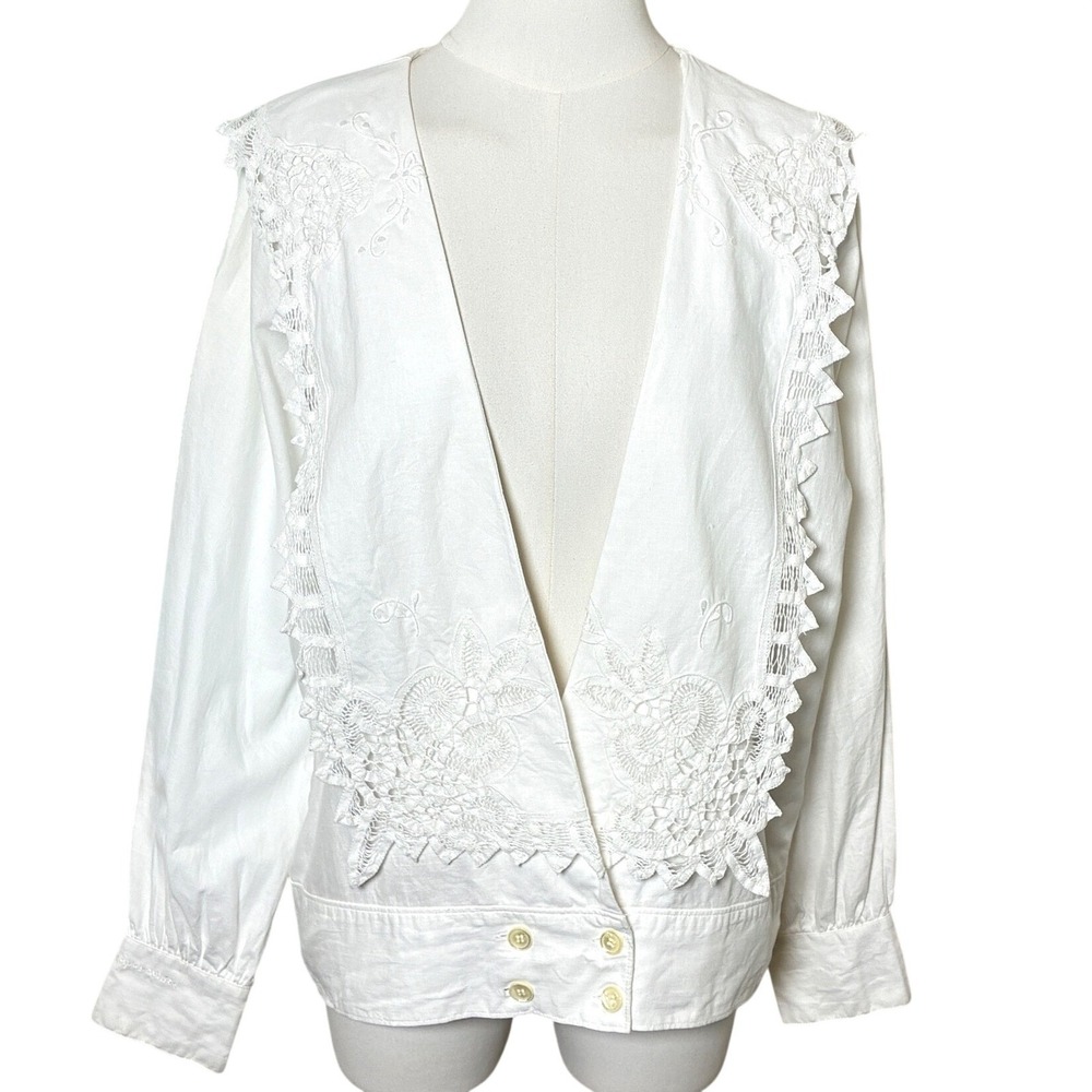 Vintage Paper White Embroidered Lace Open Front Linen Cotton Blouse Jacket 6 - Picture 11 of 12